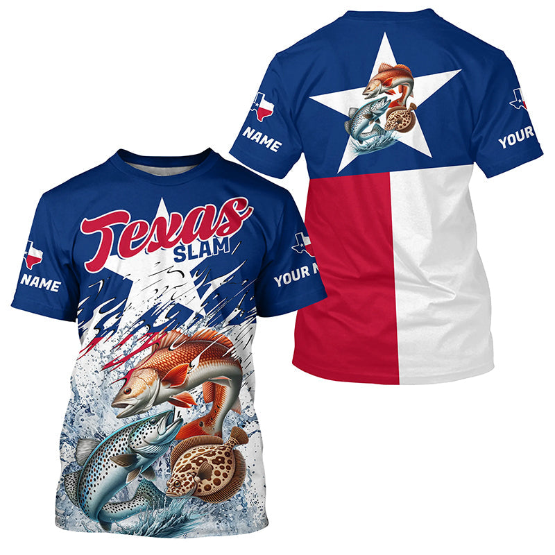 Redfish Trout Flounder Texas Slam Custom Long Sleeve Fishing Shirts, Texas Flag Fishing Shirts IPHW7004