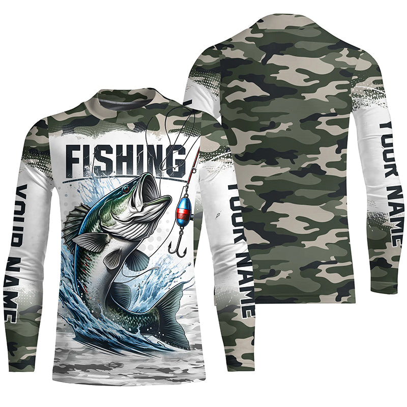 Bass Fishing Camo Custom Long Sleeve Fishing Shirts, Personalized Bass Fishing Jerseys IPHW5799