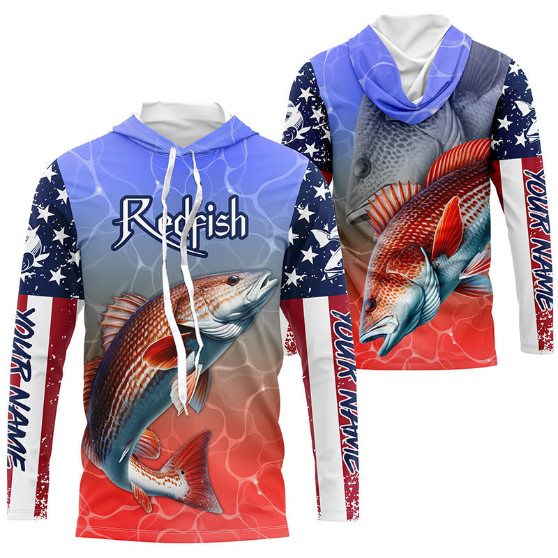 Custom Redfish Puppy Drum American Flag Long Sleeve Fishing Shirts, Patriotic Fishing Gifts IPHW5602