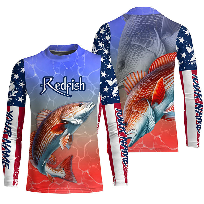 Custom Redfish Puppy Drum American Flag Long Sleeve Fishing Shirts, Patriotic Fishing Gifts IPHW5602