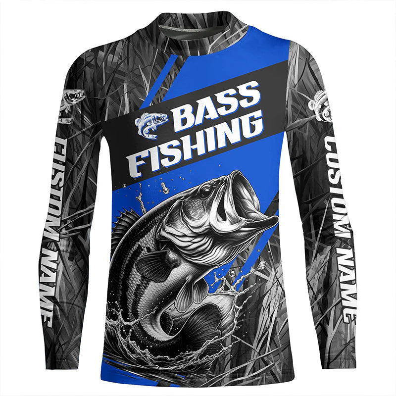 Black And Blue Camo Bass Kid Long Sleeve Tournament Fishing Shirts, Custom Bass Fishing Jerseys IPHW6683