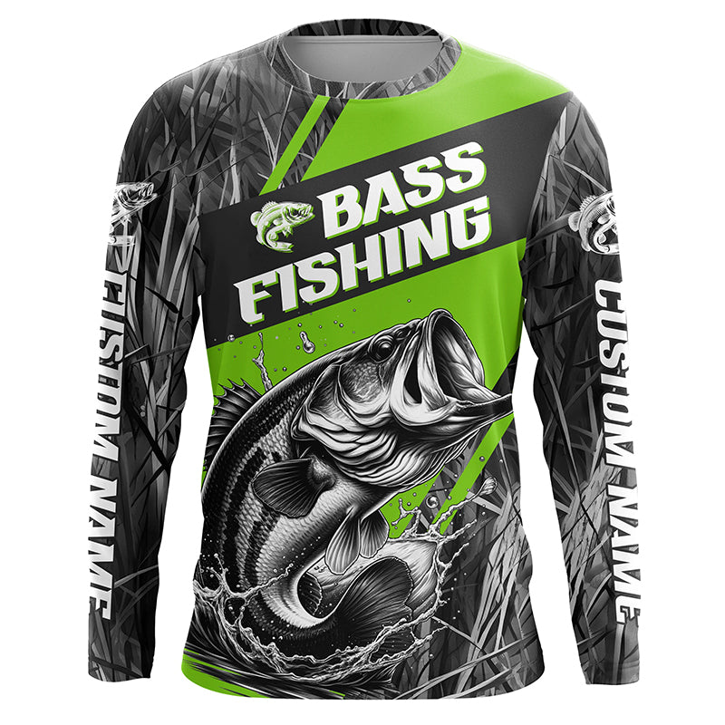 Black And Green Camo Bass Long Sleeve Tournament Fishing Shirts, Custom Bass Fishing Jerseys IPHW6684