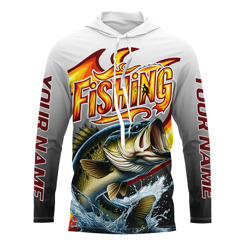 Custom Largemouth Bass Flame Fishing Shirts, Bass Long Sleeve Fishing Jerseys Fishing Gifts IPHW6688