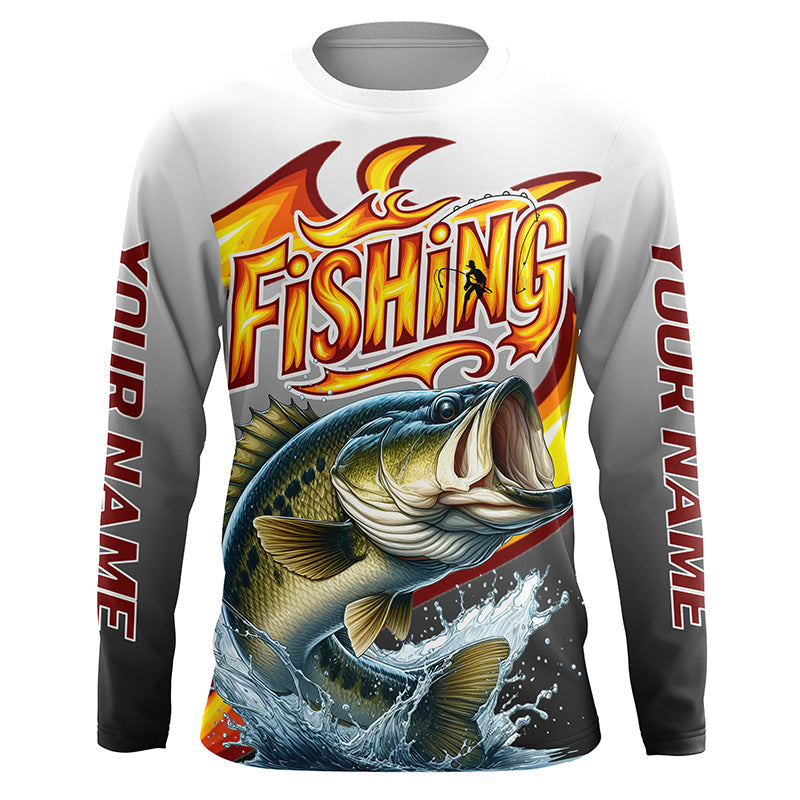 Custom Largemouth Bass Flame Fishing Shirts, Bass Long Sleeve Fishing Jerseys Fishing Gifts IPHW6688