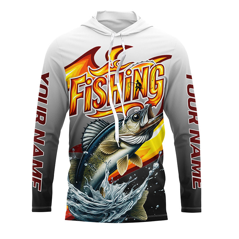 Custom Walleye Flame Fishing Shirts, Walleye Long Sleeve Fishing Jerseys Fishing Gifts IPHW6689