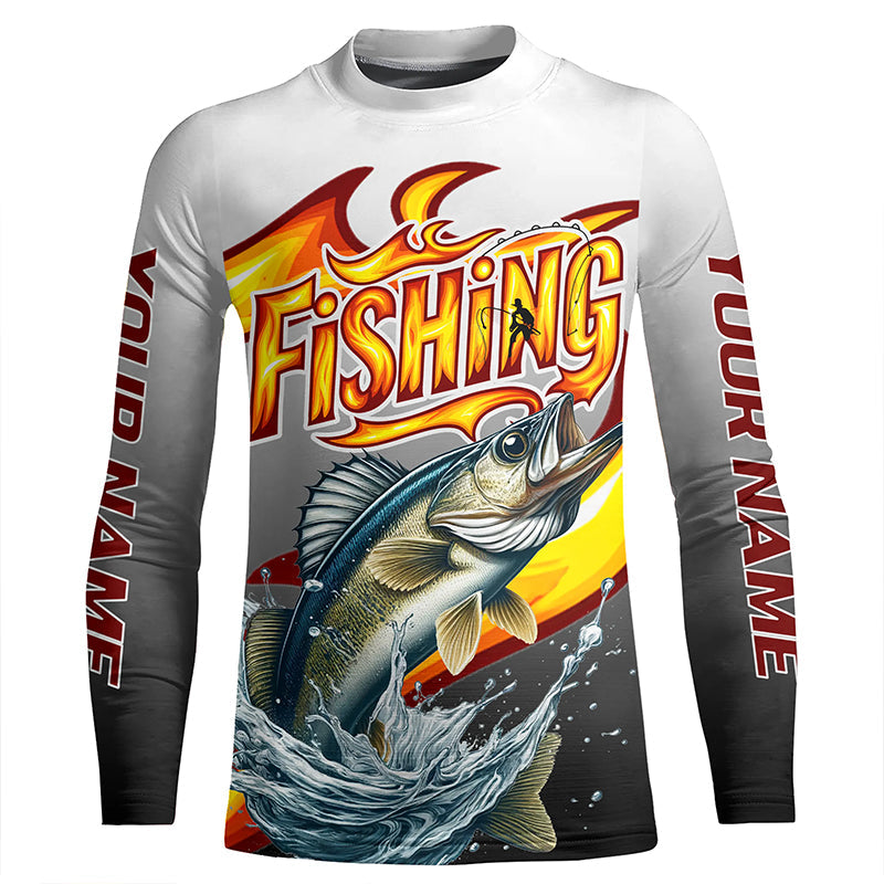 Custom Walleye Flame Fishing Shirts, Walleye Long Sleeve Fishing Jerseys Fishing Gifts IPHW6689