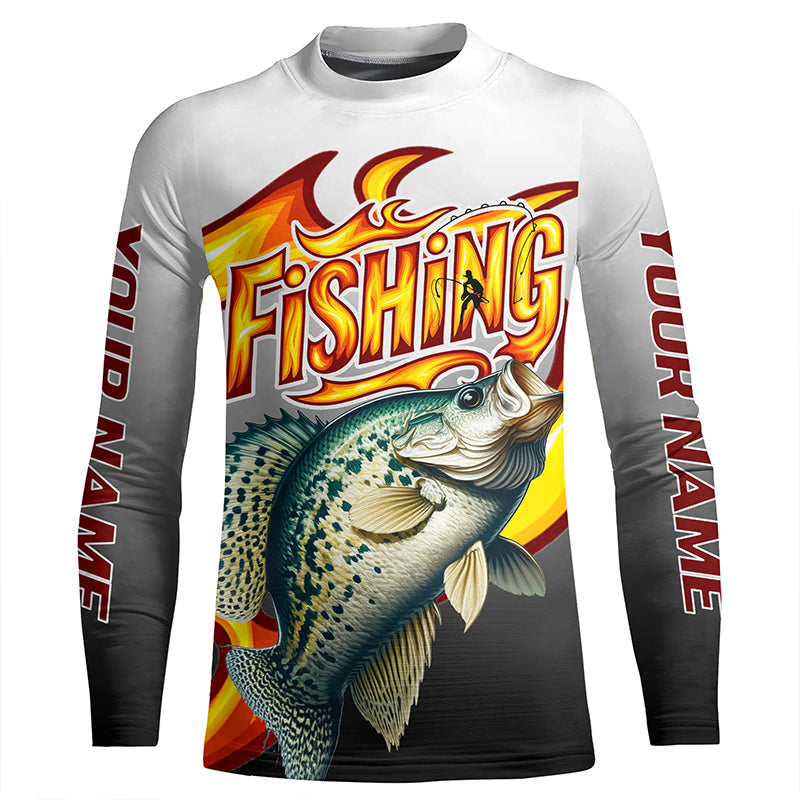 Custom Crappie Flame Fishing Shirts, Crappie Long Sleeve Fishing Jerseys Fishing Gifts IPHW6690