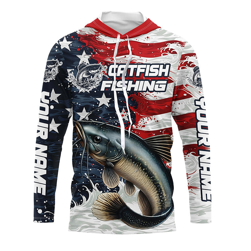 Catfish Fishing Custom Long Sleeve Fishing Shirts, American Flag Patriotic Catfish Fishing Shirt IPHW7013