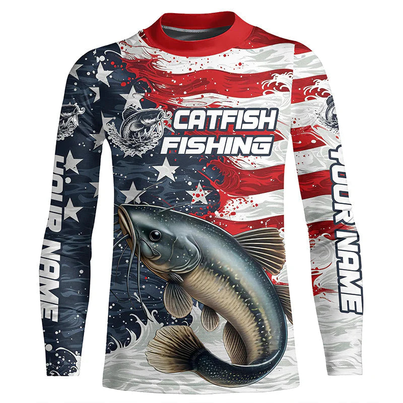 Kid Catfish Fishing Custom Long Sleeve Fishing Shirts, American Flag Patriotic Catfish Fishing Shirt IPHW7013