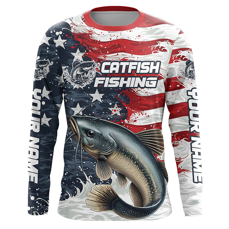 Catfish Fishing Custom Long Sleeve Fishing Shirts, American Flag Patriotic Catfish Fishing Shirt IPHW7013