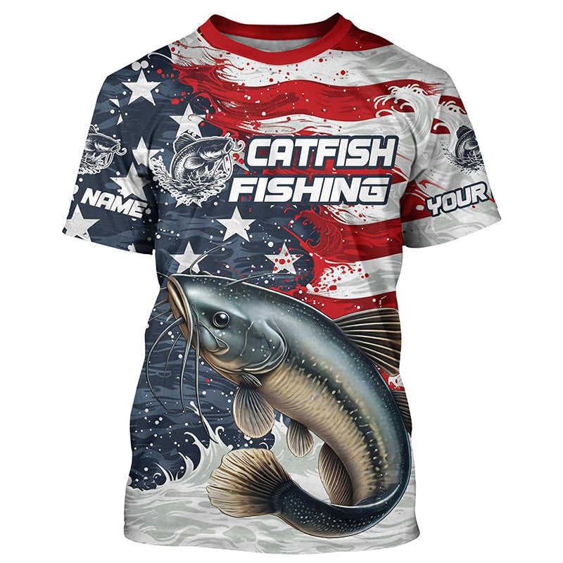 Catfish Fishing Custom Long Sleeve Fishing Shirts, American Flag Patriotic Catfish Fishing Shirt IPHW7013