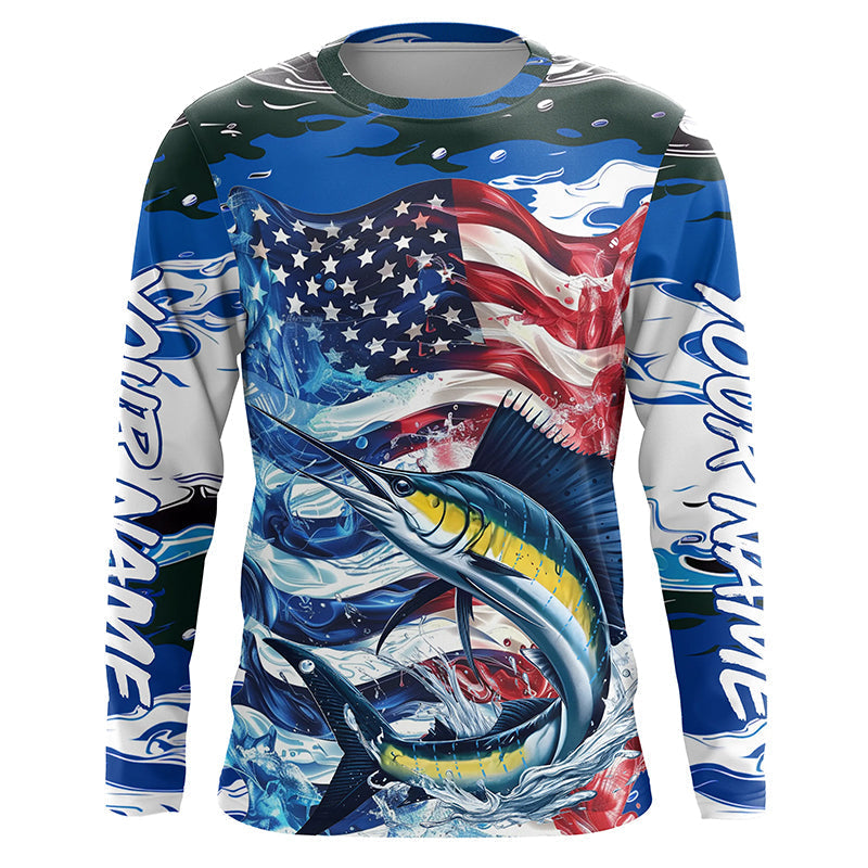 Sailfish Fishing Custom Long Sleeve Fishing Shirts, American Flag Patriotic Sailfish Fishing Shirt IPHW7023