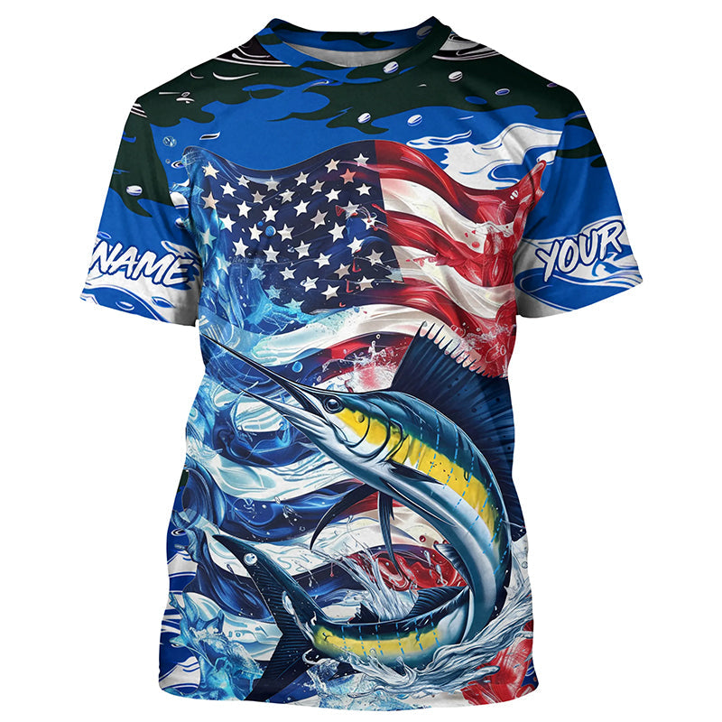 Sailfish Fishing Custom Long Sleeve Fishing Shirts, American Flag Patriotic Sailfish Fishing Shirt IPHW7023