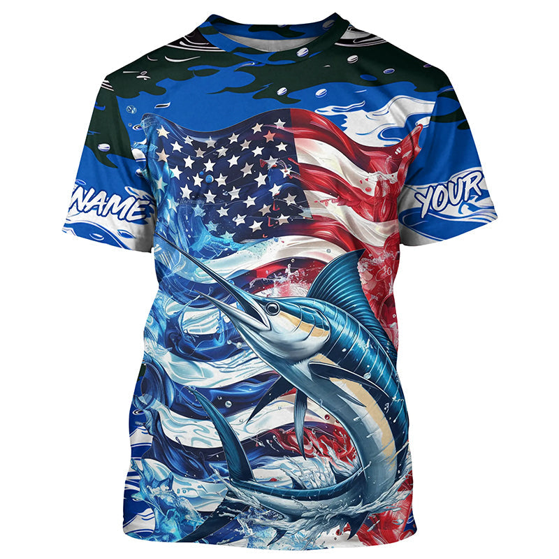 Marlin Fishing Custom Long Sleeve Fishing Shirts, American Flag Patriotic Marlin Fishing Shirt IPHW7024