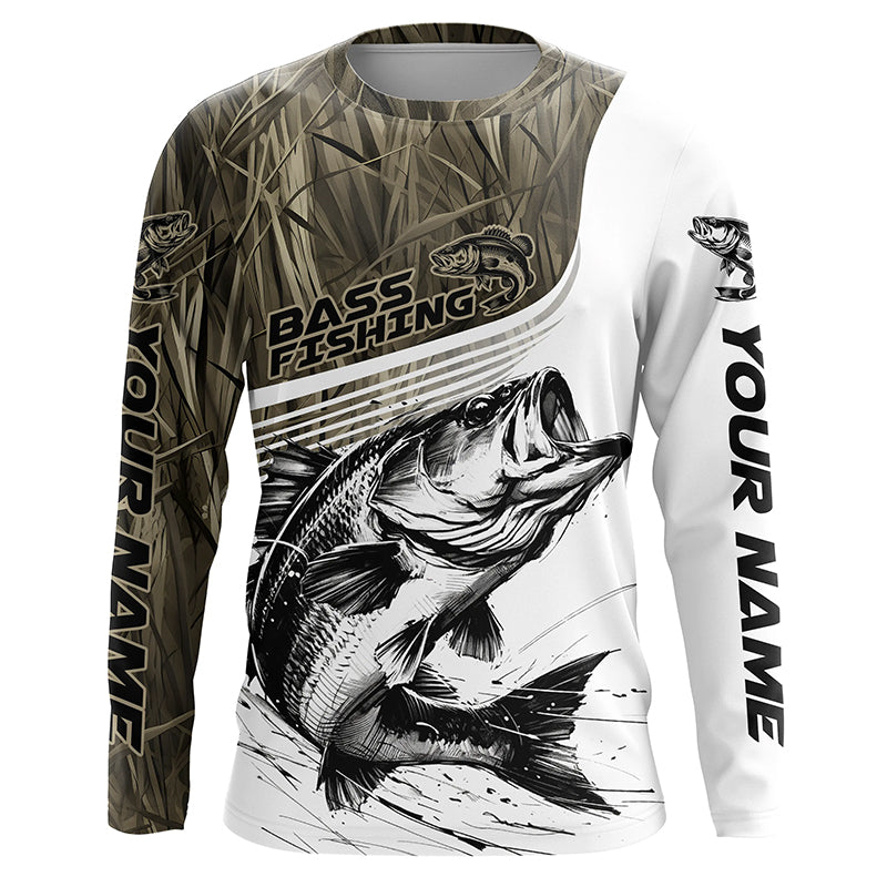 Personalized Largemouth Bass Fishing Camo Long Sleeve Fishing Shirts, Bass Fishing Jerseys IPHW5808