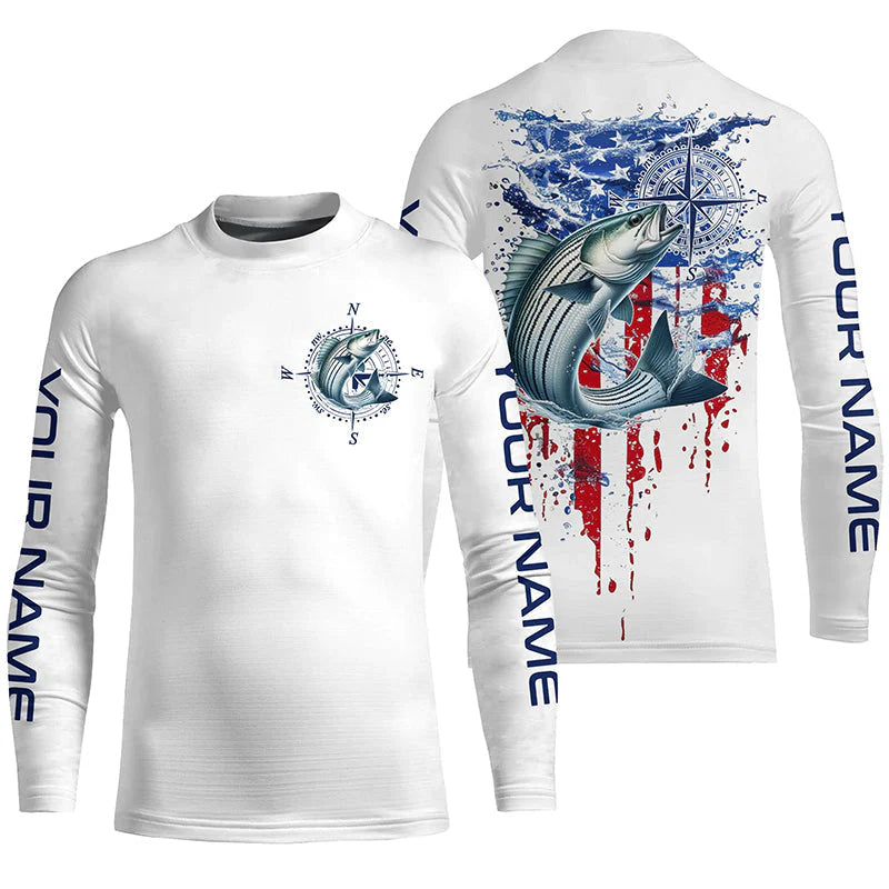 American Flag Striped Bass Fishing Custom Kid Long Sleeve Shirts, Patriotic Saltwater Fishing Shirt IPHW7040