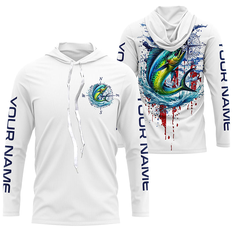 American Flag Mahi Mahi Fishing Custom Long Sleeve Fishing Shirts, Patriotic Saltwater Fishing Shirt IPHW7041