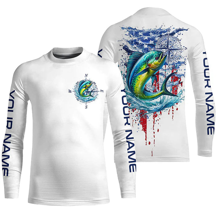 American Flag Mahi Mahi Fishing Custom Kid Long Sleeve Fishing Shirts, Patriotic Saltwater Fishing Shirt IPHW7041