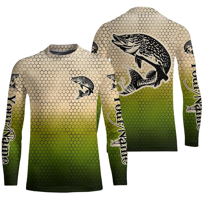 Youth Custom Pike Fishing Kid Long Sleeve Tournament Fishing Shirts, Pike Uv Protection Fishing Jerseys IPHW6218