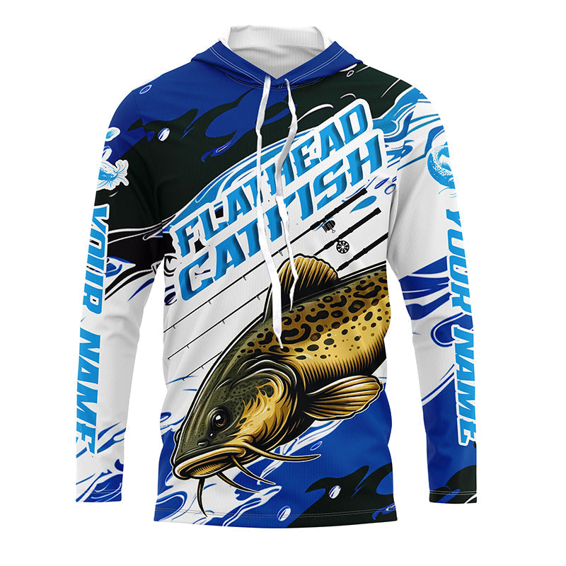 Custom Flathead Catfish Fishing Jerseys, Catfish Long Sleeve Tournament Fishing Shirts | Blue Camo IPHW6226