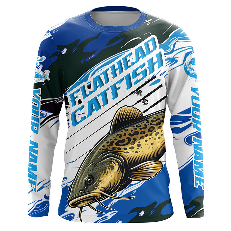 Custom Flathead Catfish Fishing Jerseys, Catfish Long Sleeve Tournament Fishing Shirts | Blue Camo IPHW6226