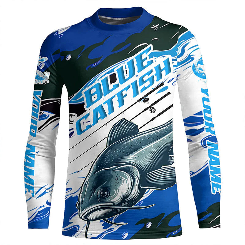Custom Blue Catfish Fishing Jerseys, Catfish Kid Long Sleeve Tournament Fishing Shirts | Blue Camo IPHW6227