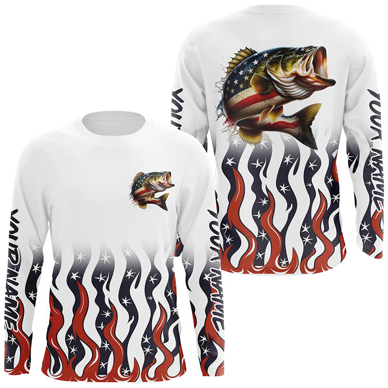 Personalized American Flag Bass Long Sleeve Fishing Shirts, Patriotic Bass Fishing Gifts IPHW5945