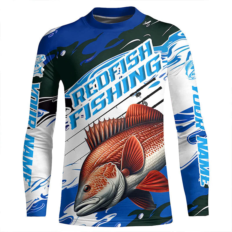 Custom Redfish Puppy Drum Kid Long Sleeve Tournament Fishing Shirts, Redfish Fishing Jerseys | Blue Camo IPHW6231