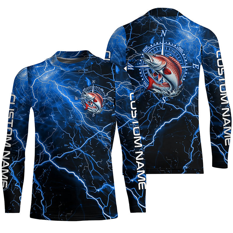 Black And Blue Thunder Lightning Redfish Red Drum Fishing Custom Long Sleeve Saltwater Fishing Shirt IPHW6251