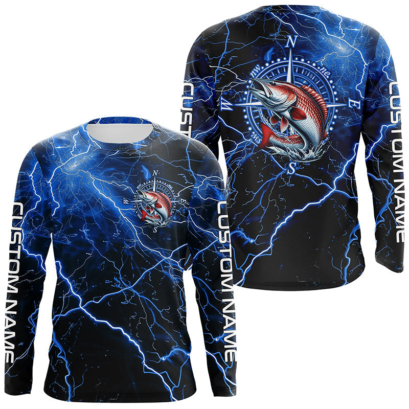 Black And Blue Thunder Lightning Redfish Red Drum Fishing Custom Long Sleeve Saltwater Fishing Shirt IPHW6251