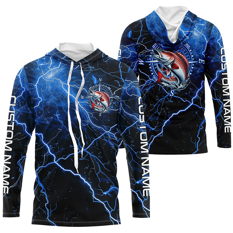 Black And Blue Thunder Lightning Redfish Red Drum Fishing Custom Long Sleeve Saltwater Fishing Shirt IPHW6251