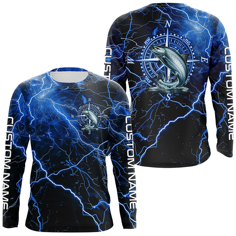 Black And Blue Thunder Lightning Chinook Salmon Fishing Custom Long Sleeve Saltwater Fishing Shirts IPHW6252