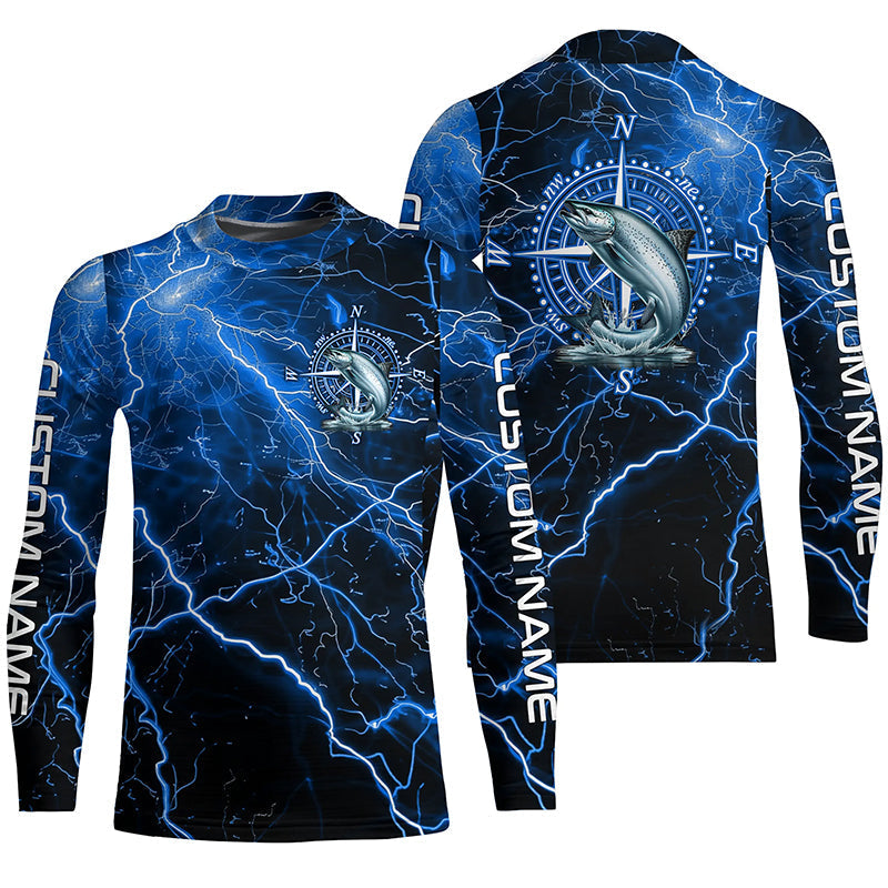 Black And Blue Thunder Lightning Chinook Salmon Fishing Custom Long Sleeve Saltwater Fishing Shirts IPHW6252