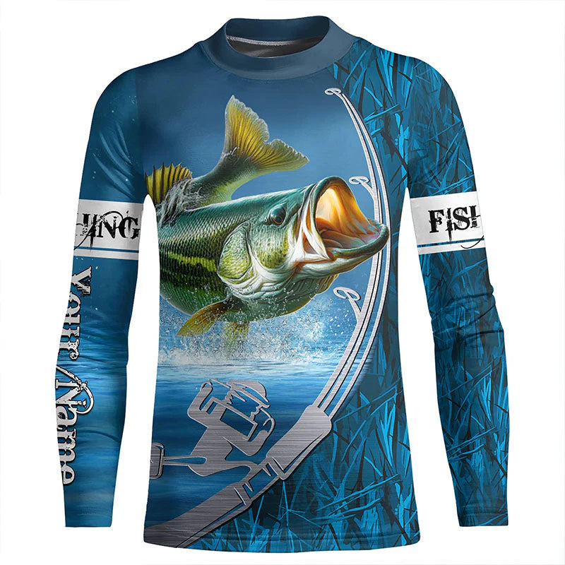 Custom Bass Fishing Kid Long Sleeve Fishing Shirts, Fishing Rod Bass Fishing Camo Fishing Jerseys IPHW5702