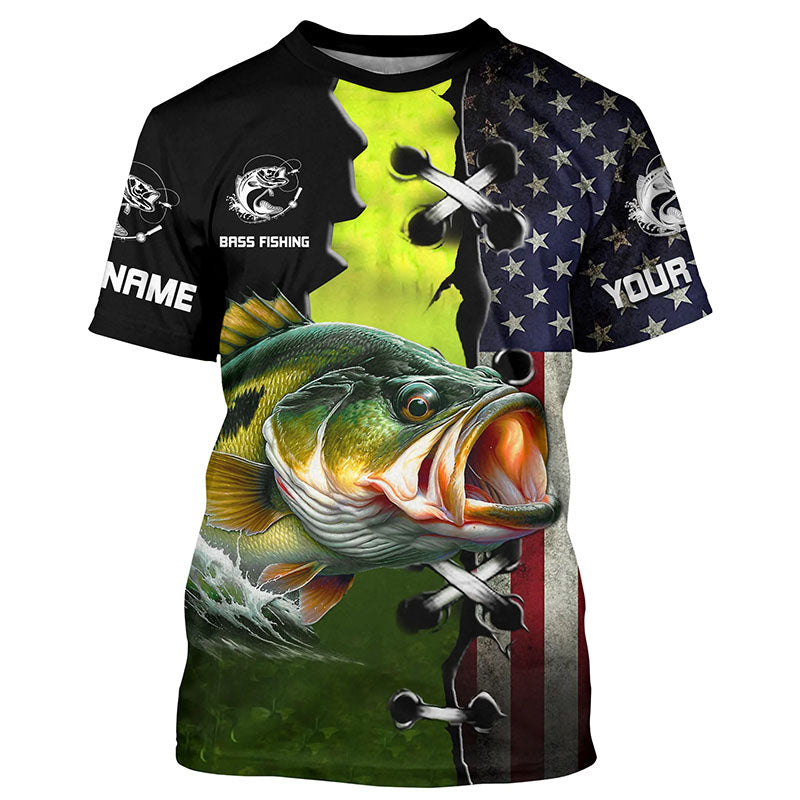 Personalized American Flag Bass Fishing Shirts, Patriotic Bass Tournament Fishing Shirts IPHW5704