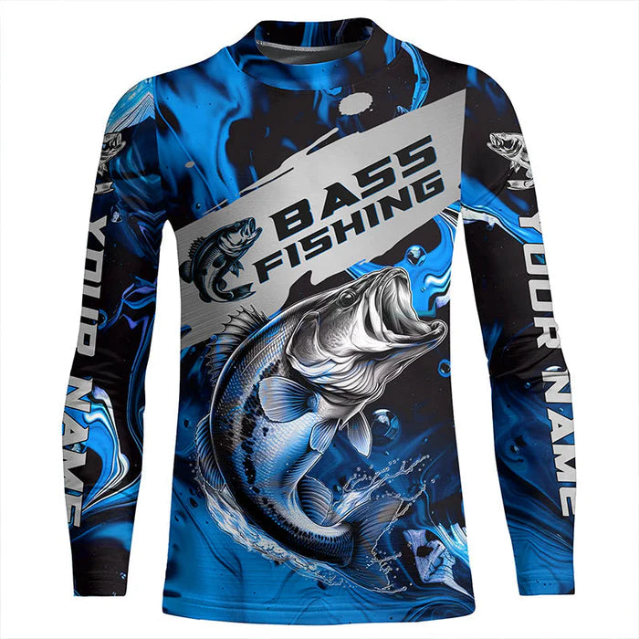 Personalized Bass Fishing Jerseys, Bass Kid Long Sleeve Tournament Fishing Shirts Kid | Blue Camo IPHW5833