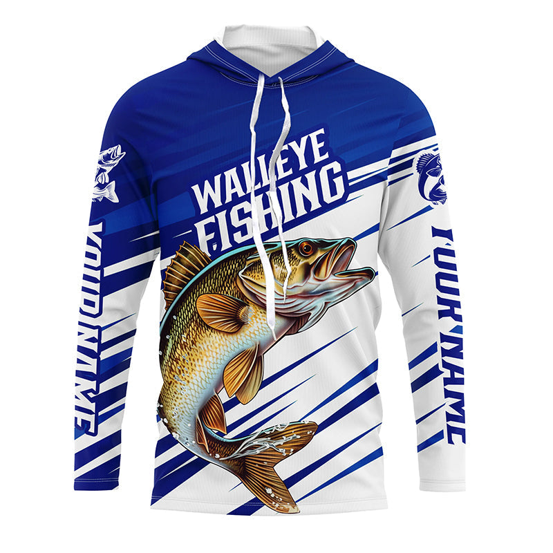 Personalized Walleye Fishing Jerseys, Walleye Long Sleeve Tournament Fishing Shirts | Blue IPHW5961