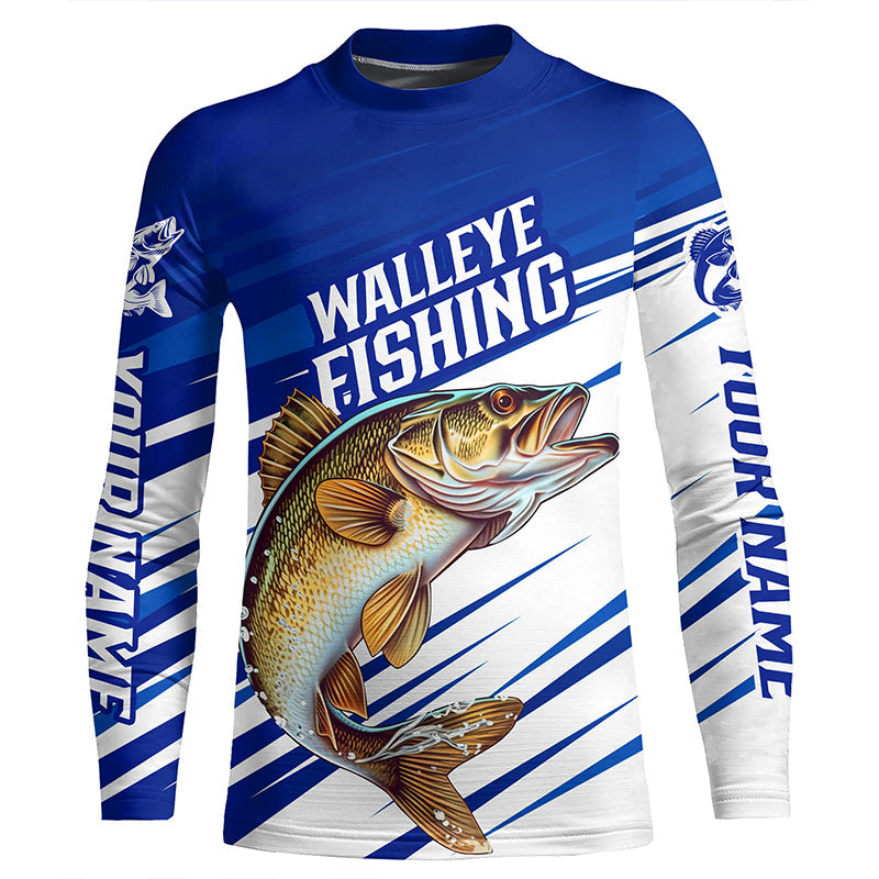 Personalized Walleye Fishing Jerseys, Walleye Long Sleeve Tournament Fishing Shirts | Blue IPHW5961