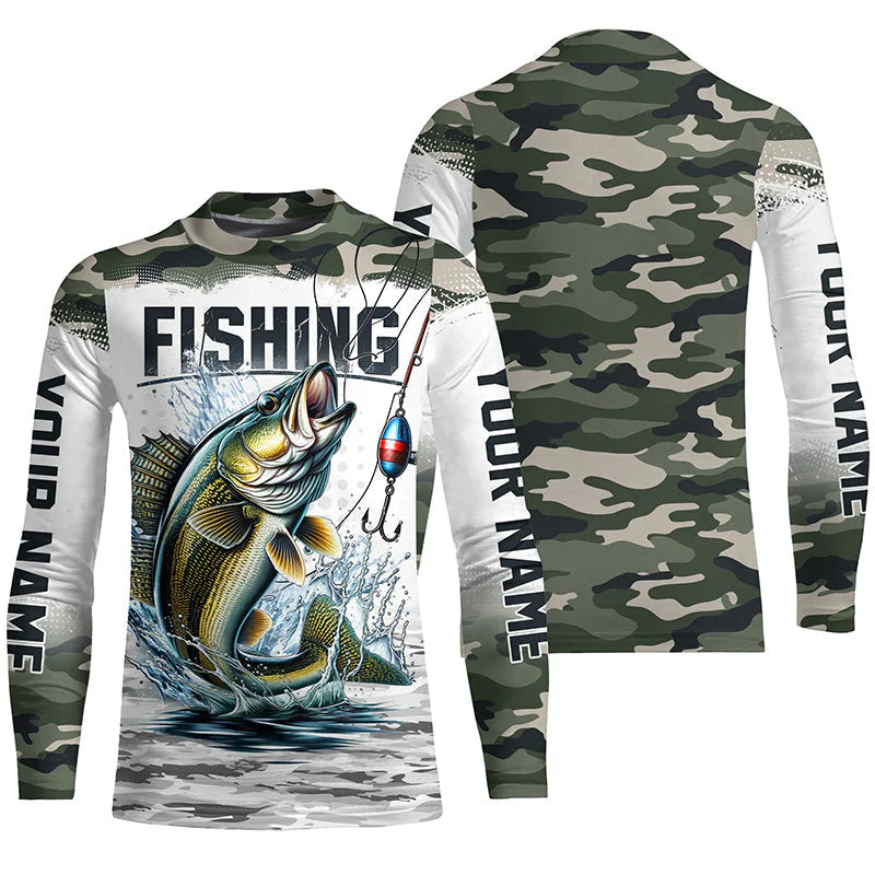 Youth Walleye Fishing Camo Custom Kid Long Sleeve Fishing Shirts, Personalized Walleye Fishing Jerseys IPHW5999