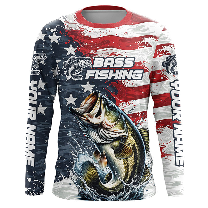 Personalized American Flag Bass Long Sleeve Fishing Shirts, Patriotic Bass Fishing Jerseys IPHW6009