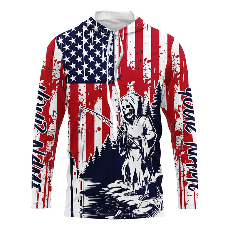 Custom American Flag Skull Patriotic Long Sleeve Fishing Shirts, Halloween Fishing Outfit IPHW7350