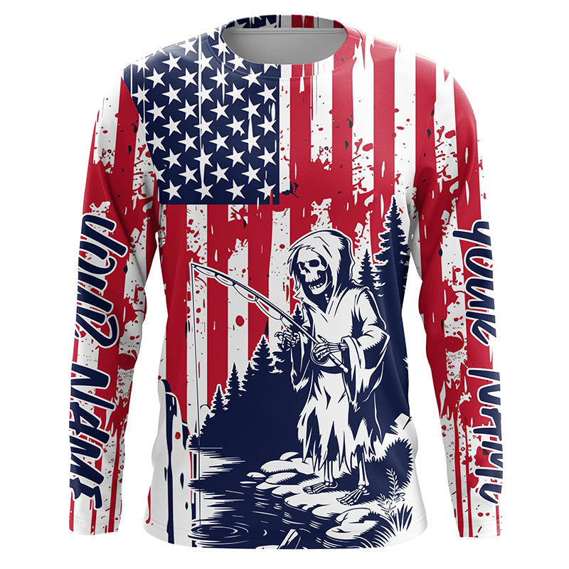 Custom American Flag Skull Patriotic Long Sleeve Fishing Shirts, Halloween Fishing Outfit IPHW7350