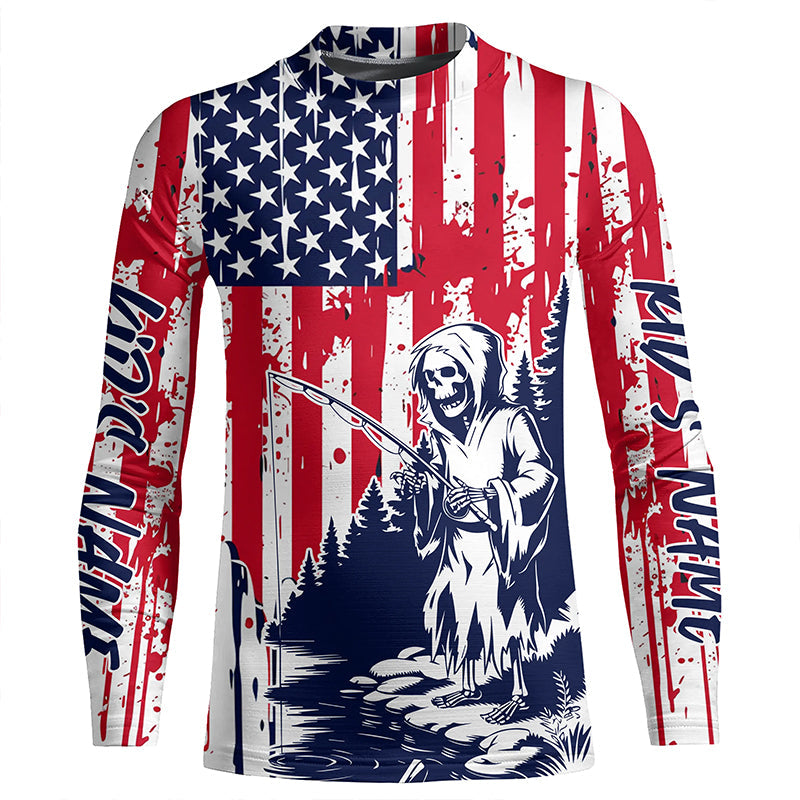 Custom American Flag Skull Patriotic Long Sleeve Fishing Shirts, Halloween Fishing Outfit IPHW7350