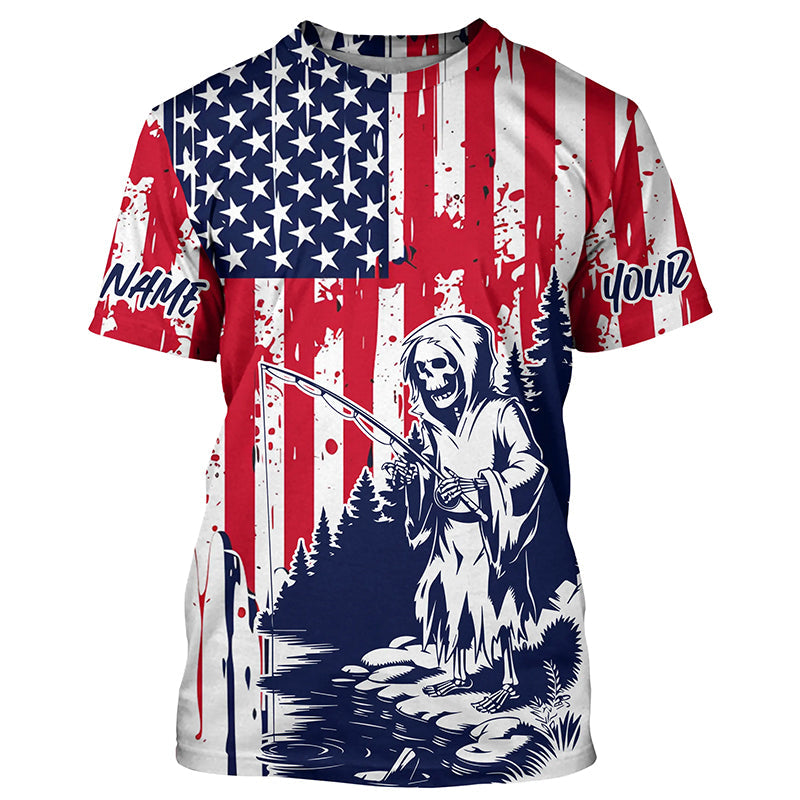 Custom American Flag Skull Patriotic Long Sleeve Fishing Shirts, Halloween Fishing Outfit IPHW7350