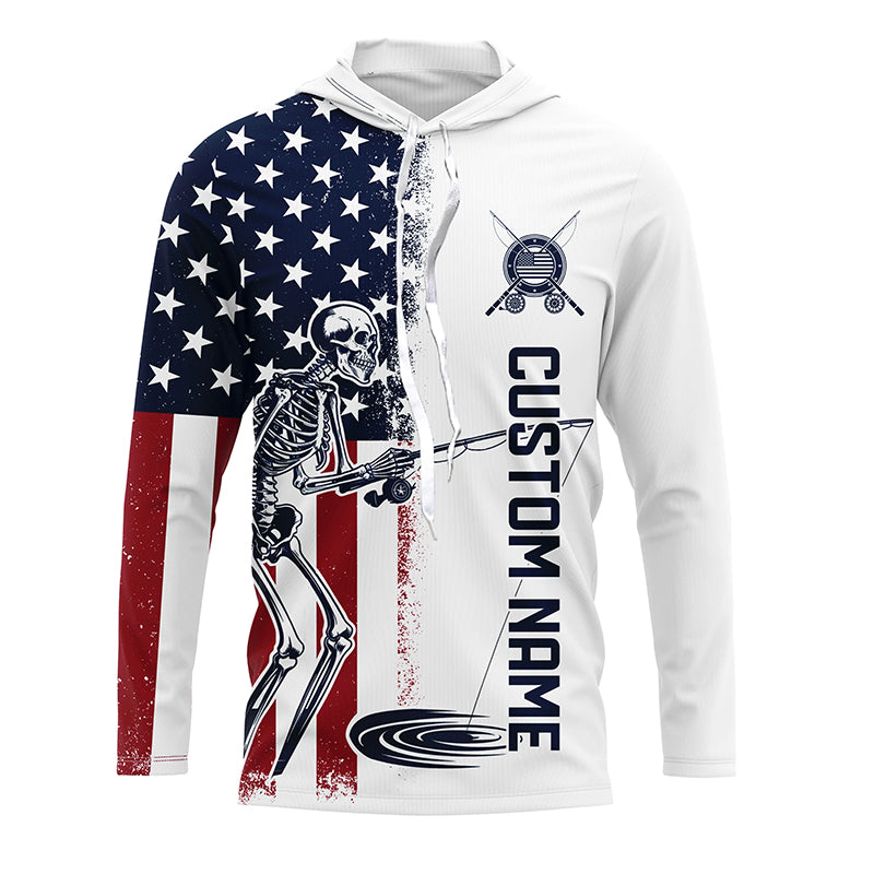 Custom American Flag Skull Patriotic Long Sleeve Fishing Shirts, Halloween Fishing Outfit IPHW7351