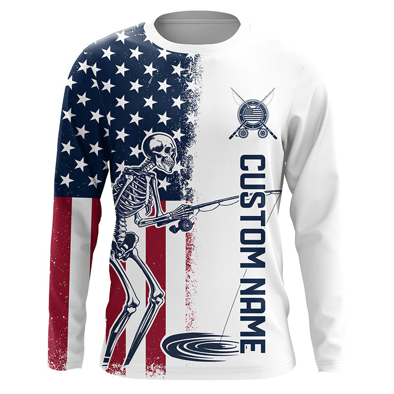 Custom American Flag Skull Patriotic Long Sleeve Fishing Shirts, Halloween Fishing Outfit IPHW7351