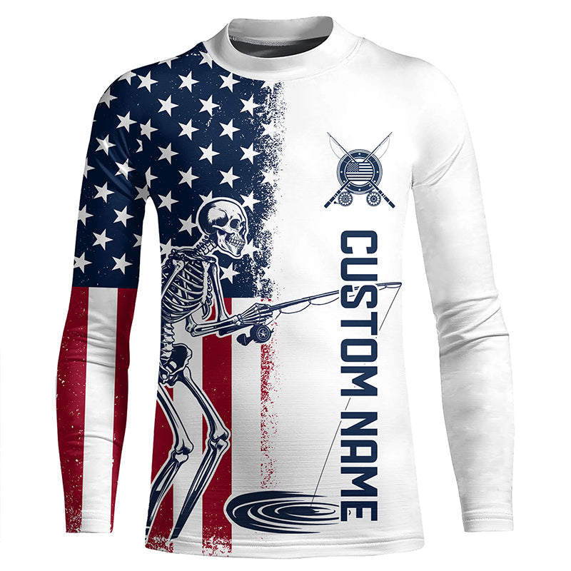 Custom American Flag Skull Patriotic Long Sleeve Fishing Shirts, Halloween Fishing Outfit IPHW7351