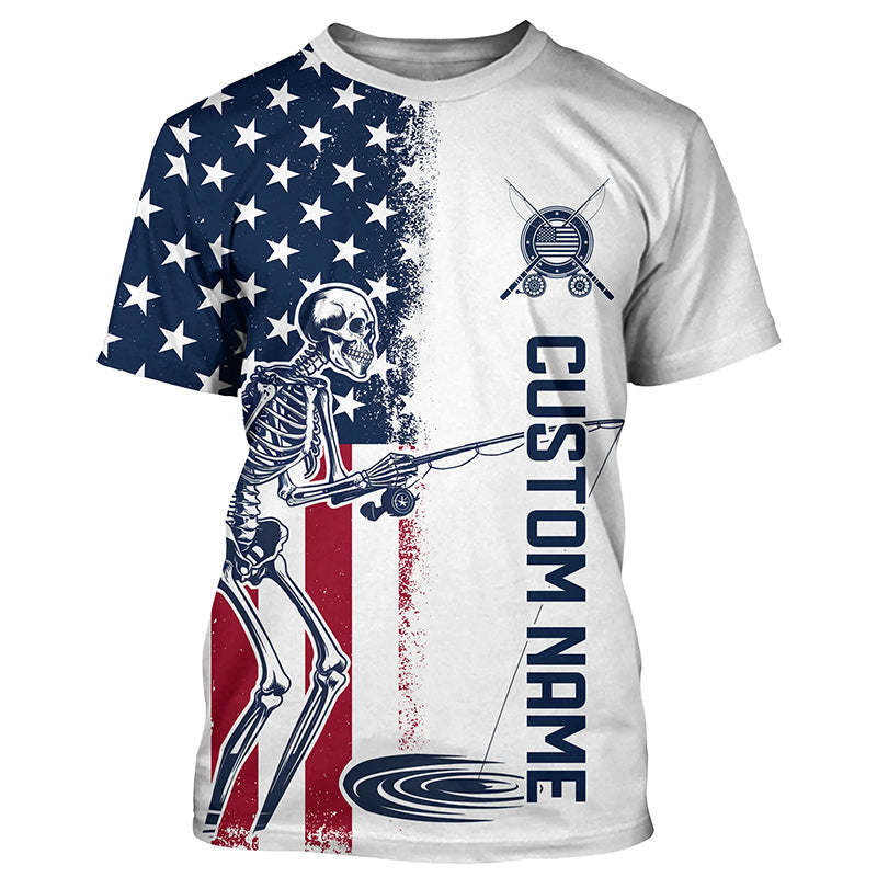 Custom American Flag Skull Patriotic Long Sleeve Fishing Shirts, Halloween Fishing Outfit IPHW7351