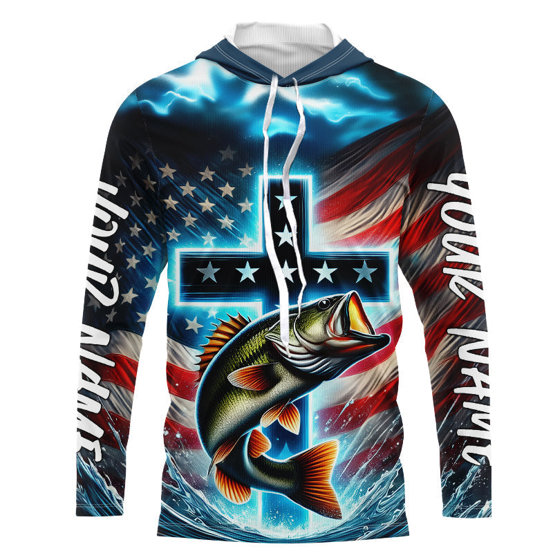 Custom Faith Largemouth Bass Patriotic Long Sleeve Hooded Tournament Fishing Shirt IPHW8082