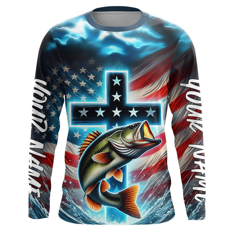 Custom Faith Largemouth Bass Patriotic Long Sleeve Tournament Fishing Shirt, Bass Fishing Jersey IPHW8082